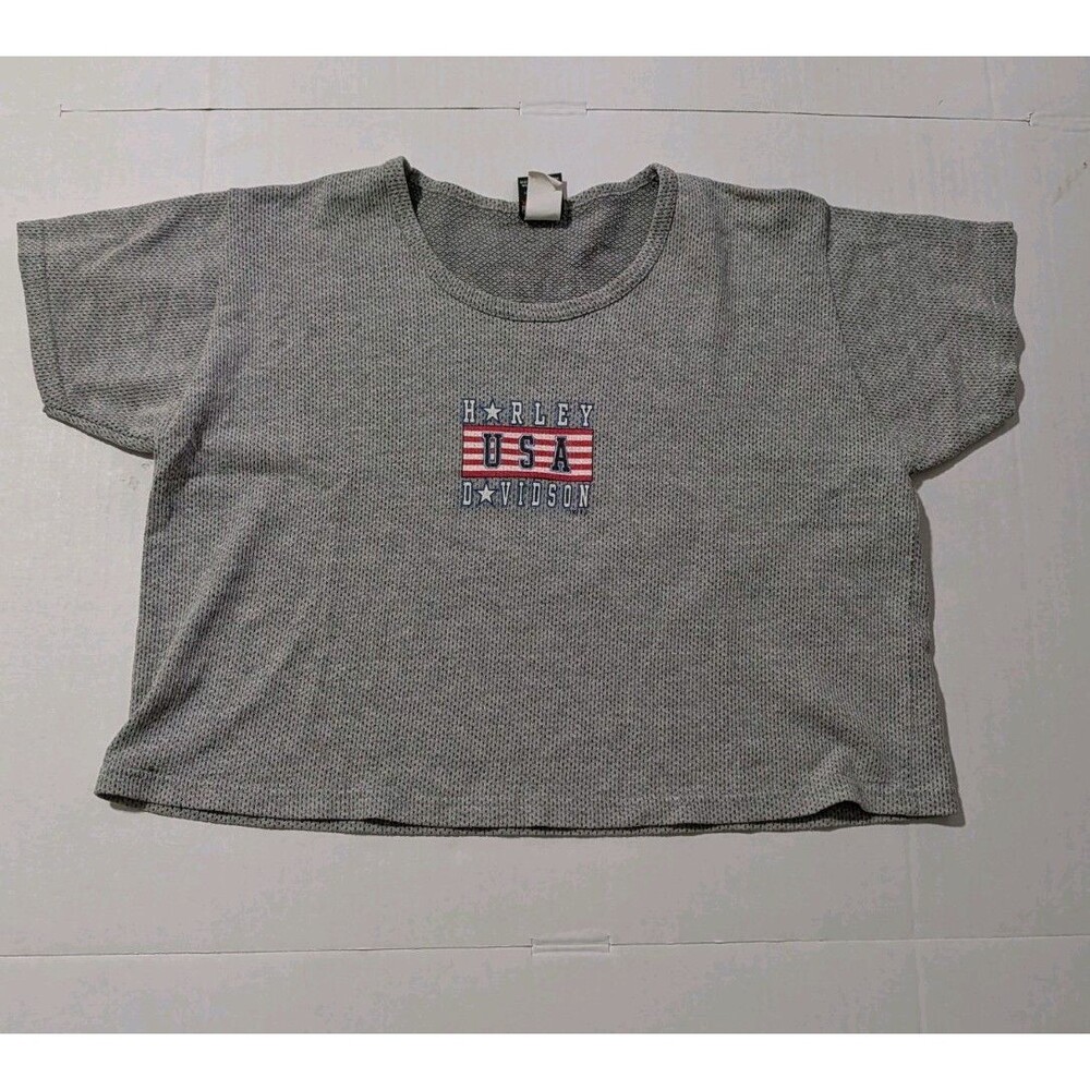 Vintage 90s Harley Davidson Crop Top Shirt Holoubek Gray Waffle Knit USA XL